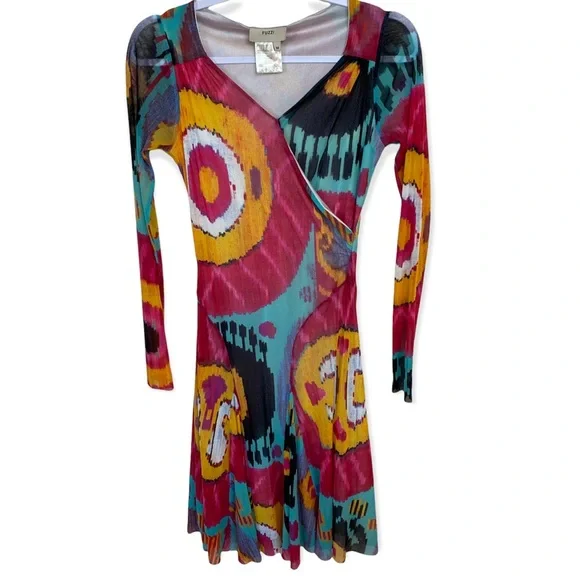 Fuzzi Colorful Abstract V-Neck Draped Long Sleeve Mesh Dress